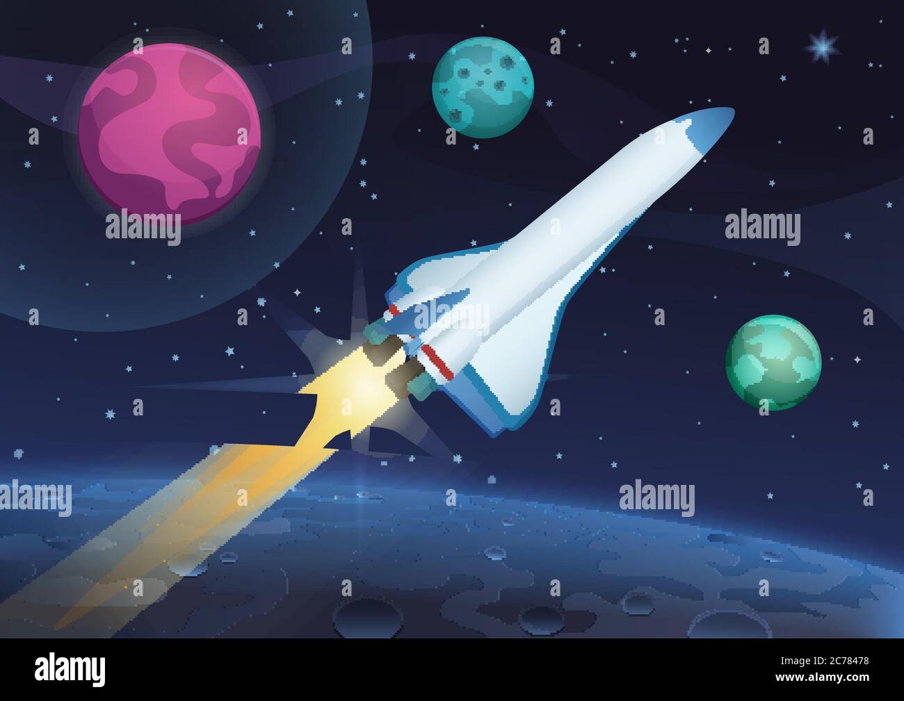 Vektordarstellung eines Raketenstarts von der Erde. Raumfahrt zu den außerirdischen Planeten und Sternen Stock Vektor