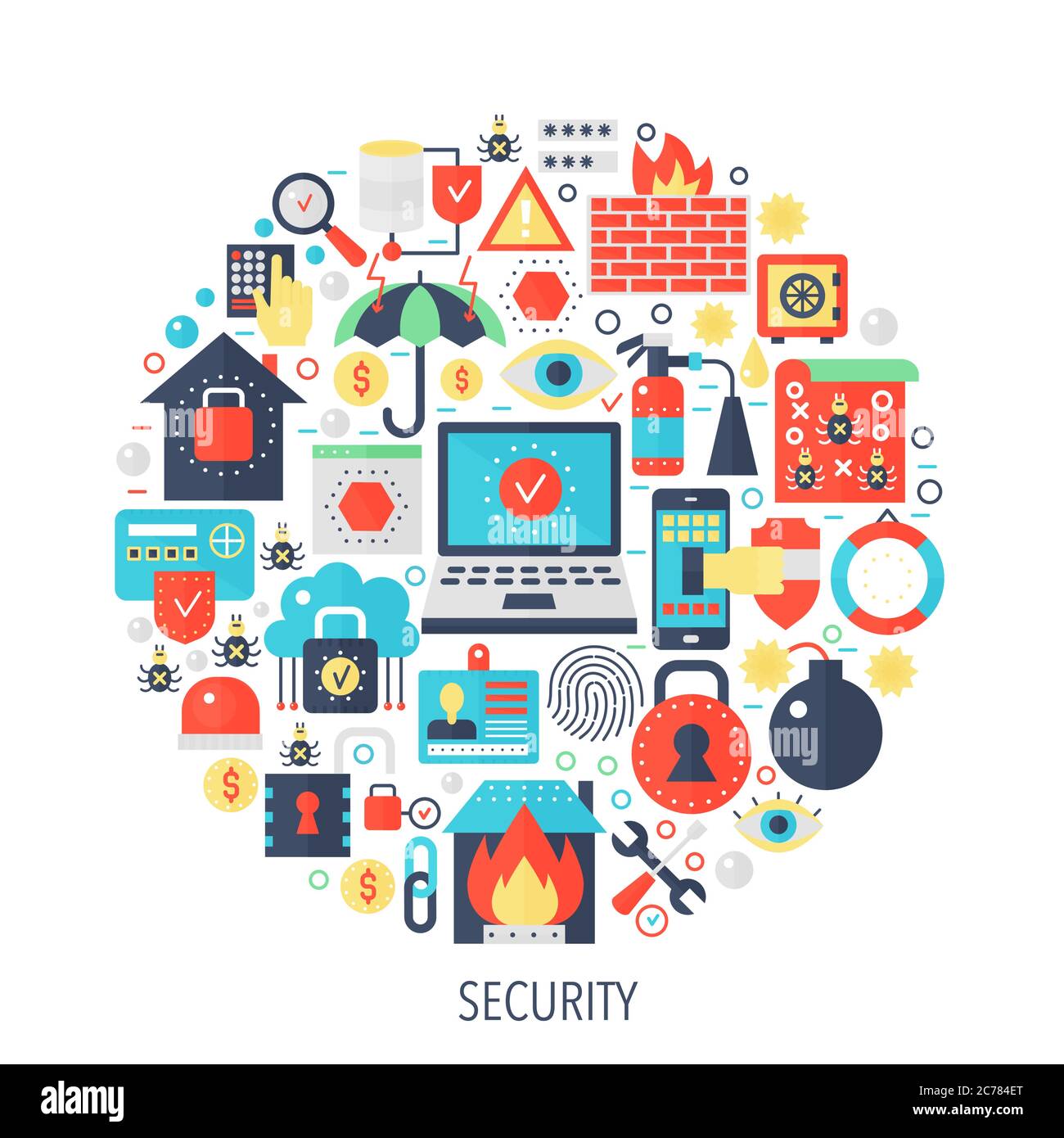 Sicherheit flache Infografiken Symbole im Kreis - Farbe Konzept Illustration für Sicherheitsabdeckung, Emblem, Vorlage Stock Vektor