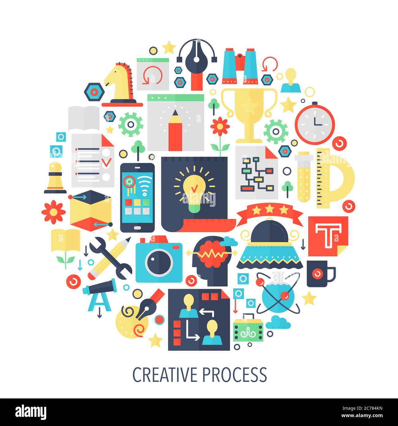 Kreative Prozess flache Infografiken Symbole im Kreis - Farbe Konzept Illustration für Cover, Emblem, Vorlage Stock Vektor