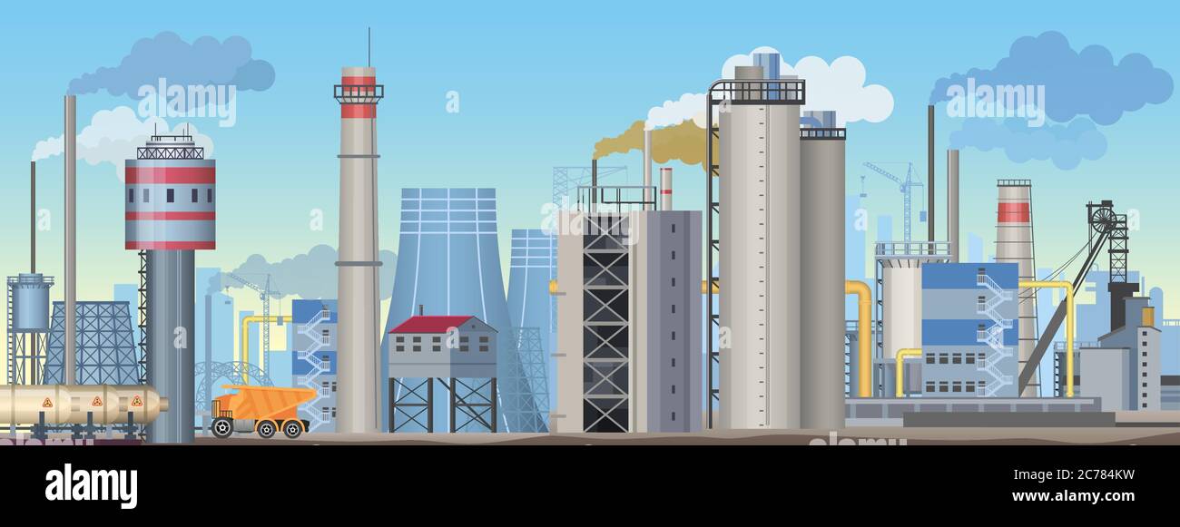 Industrielle Landschaft mit Fabriken und Produktionsstätten. Flache Vektorgrafik Stock Vektor