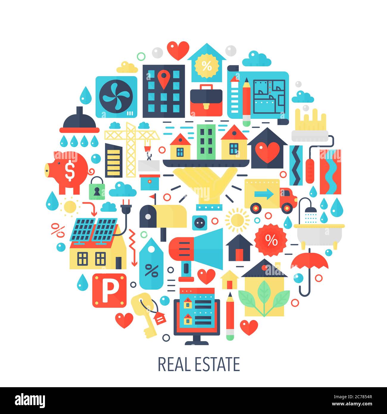 Immobilien-Wohnung Infografiken Symbole im Kreis - Farbe Konzept Illustration für Immobilien Cover, Emblem, Vorlage Stock Vektor