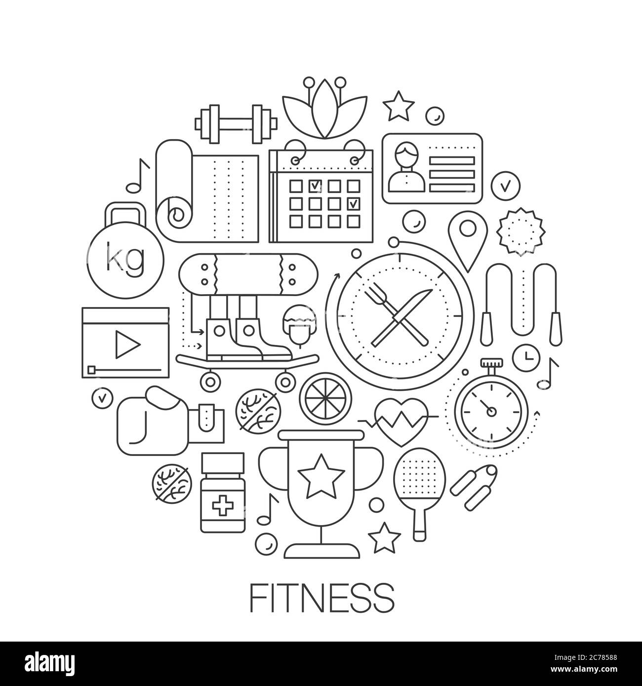 Sport Fitness-Lebensmittel im Kreis - Konzept Linie Illustration für Abdeckung, Emblem, Abzeichen. Fitness dünne Linie Schlaganfall Symbole Stock Vektor