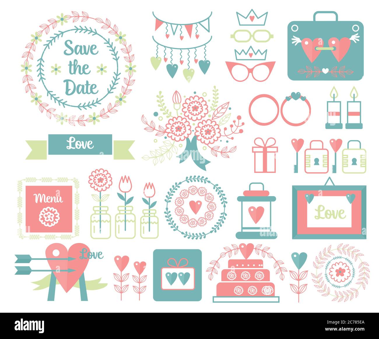 Vektor Vintage Set von dekorativen Hochzeit Elemente und handgezeichnete Ikonen Illustrationen. Blumenkritzel, Blätter, Zweige, Blumen, Vögel, Lorbeeren, Banner und Rahmen Stock Vektor