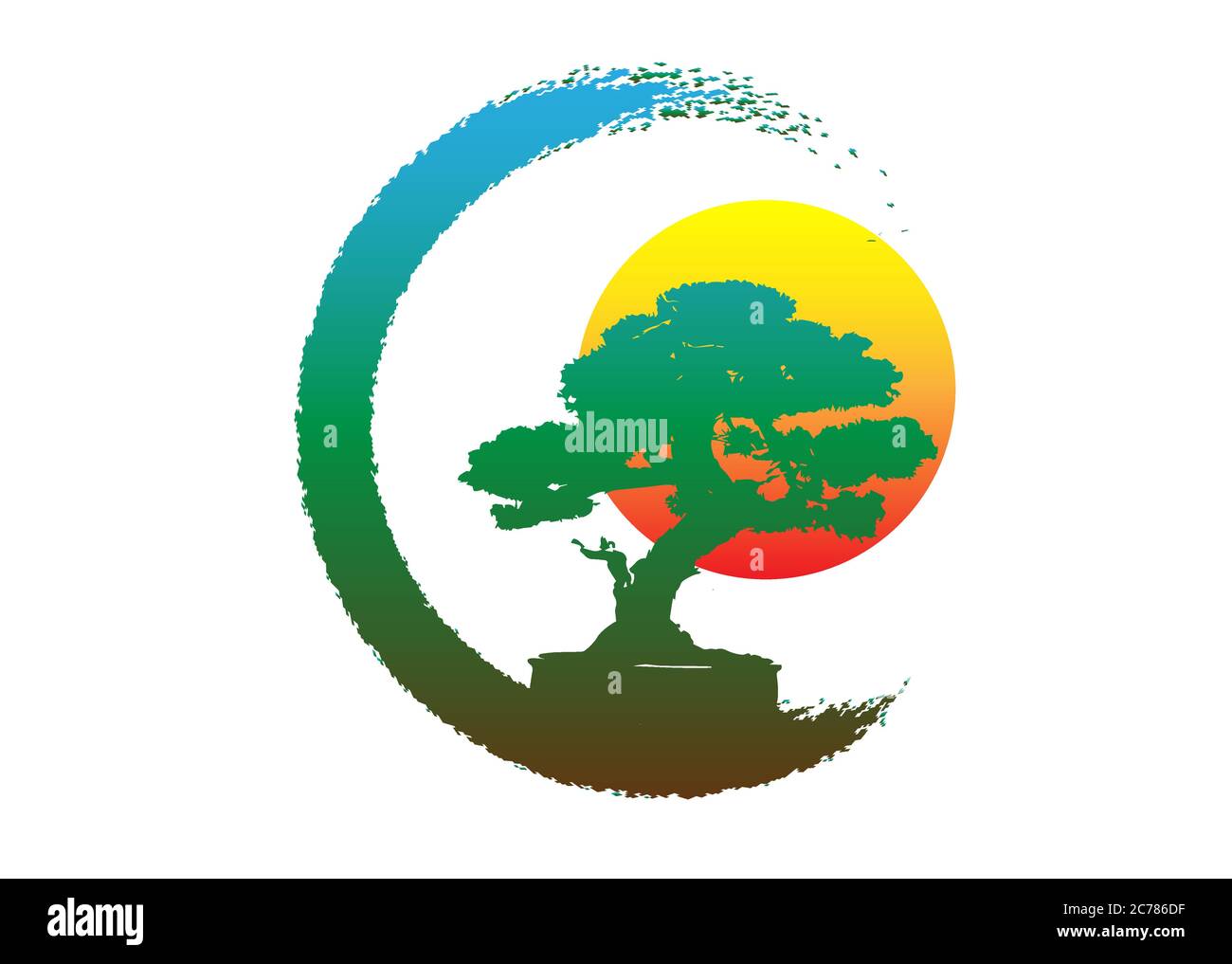 Japanischer Bonsai-Baum-Logo, Pflanzen-Silhouette-Symbole auf weißem Hintergrund, grüne Ökologie Silhouette von Bonsai und Sonnenuntergang. Detailbild. Bio Natur Zeichen Stock Vektor