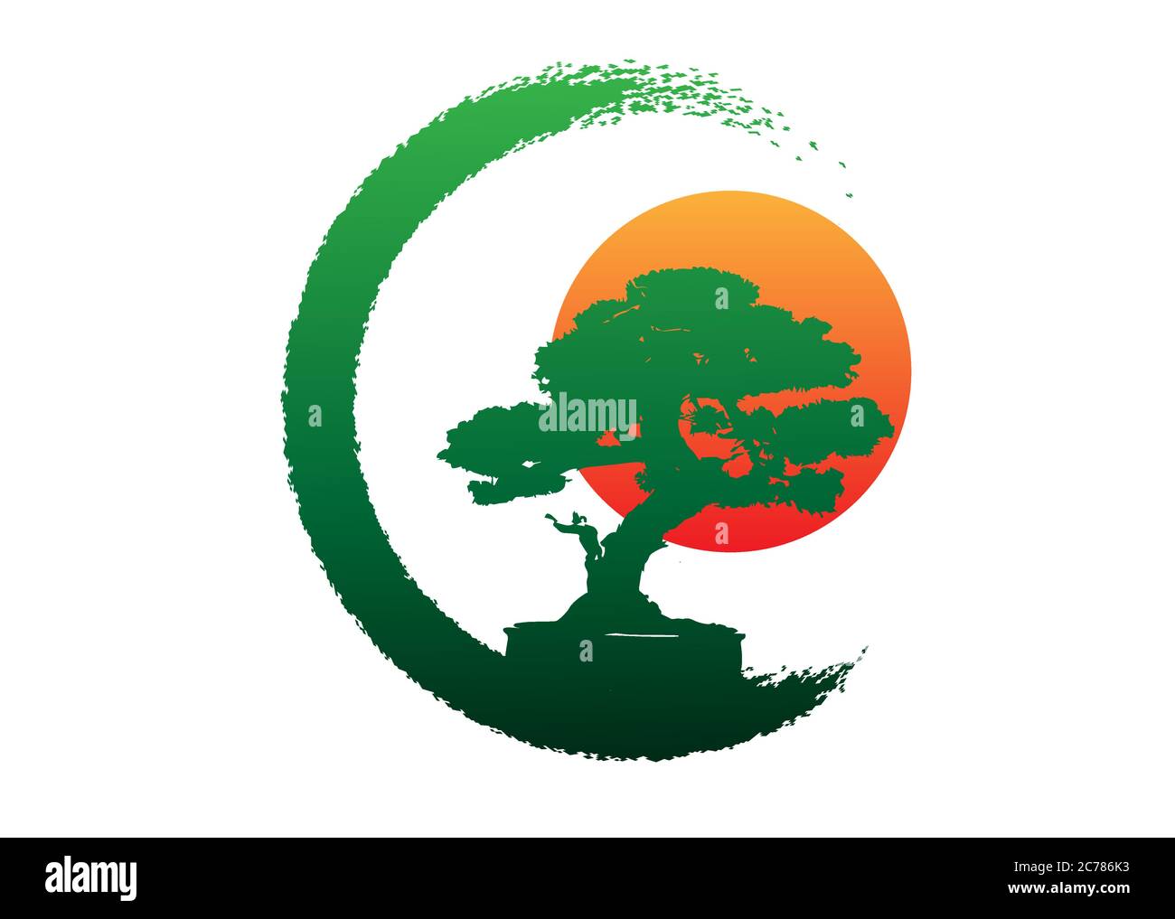 Japanischer Bonsai-Baum-Logo, Pflanzen-Silhouette-Symbole auf weißem Hintergrund, grüne Ökologie Silhouette von Bonsai und Sonnenuntergang. Detailbild. Bio Natur Zeichen Stock Vektor