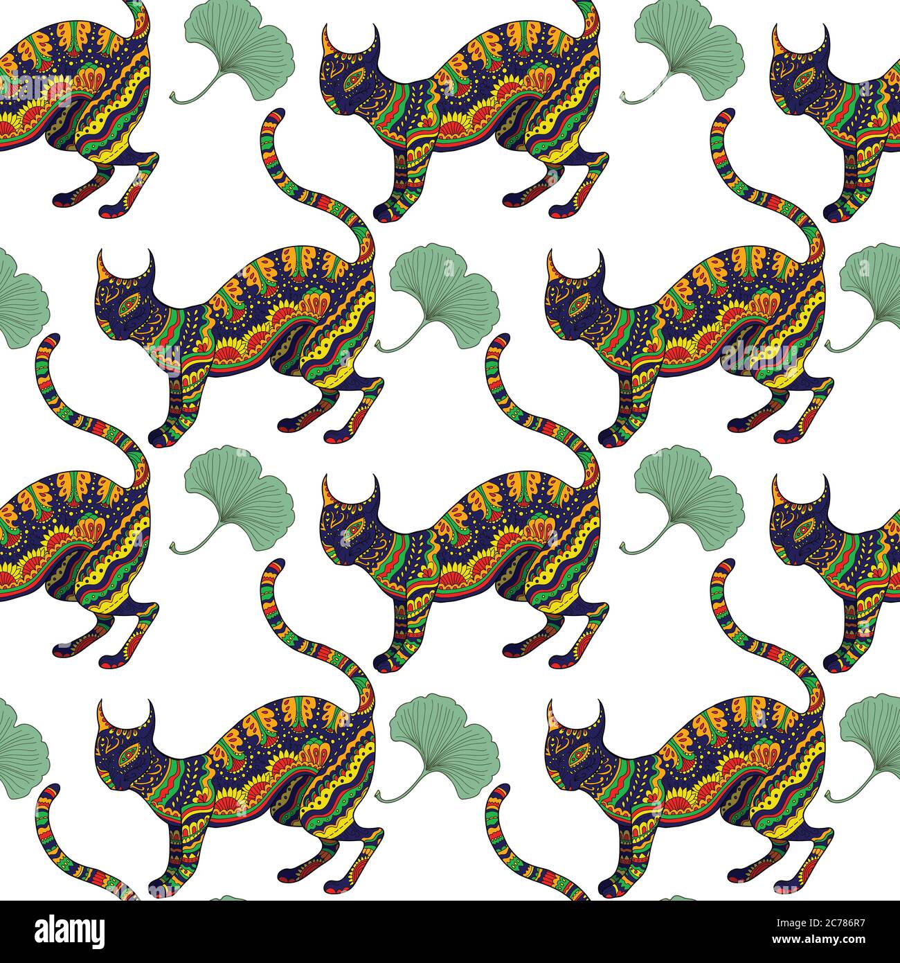 Nahtloses Muster mit ornamentaler psychedelischer Katze, Stock Vektor