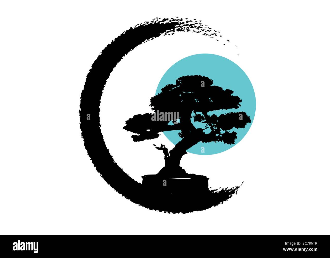 Japanischer Bonsai-Baum-Logo, schwarze Pflanzen-Silhouette-Ikonen auf weißem Hintergrund, grüne Ökologie-Silhouette von Bonsai und blauem Mond oder Sonne. Detailbild. Stock Vektor