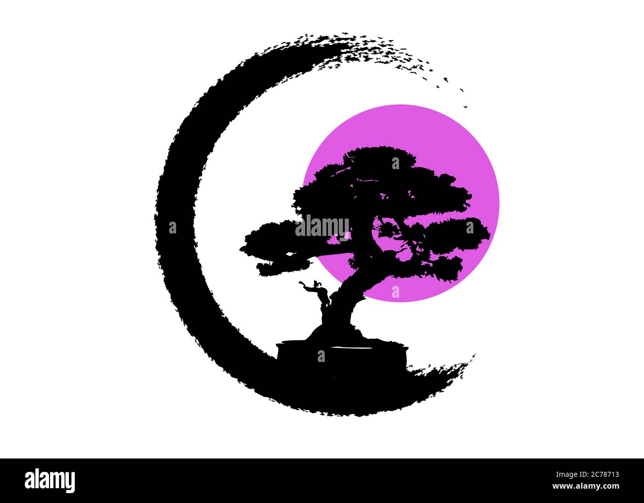 Japanischer Bonsai-Baum-Logo, schwarze Pflanzen-Silhouette-Ikonen auf weißem Hintergrund, grüne Ökologie-Silhouette von Bonsai und rosa Mond oder Sonne. Detailbild. Stock Vektor