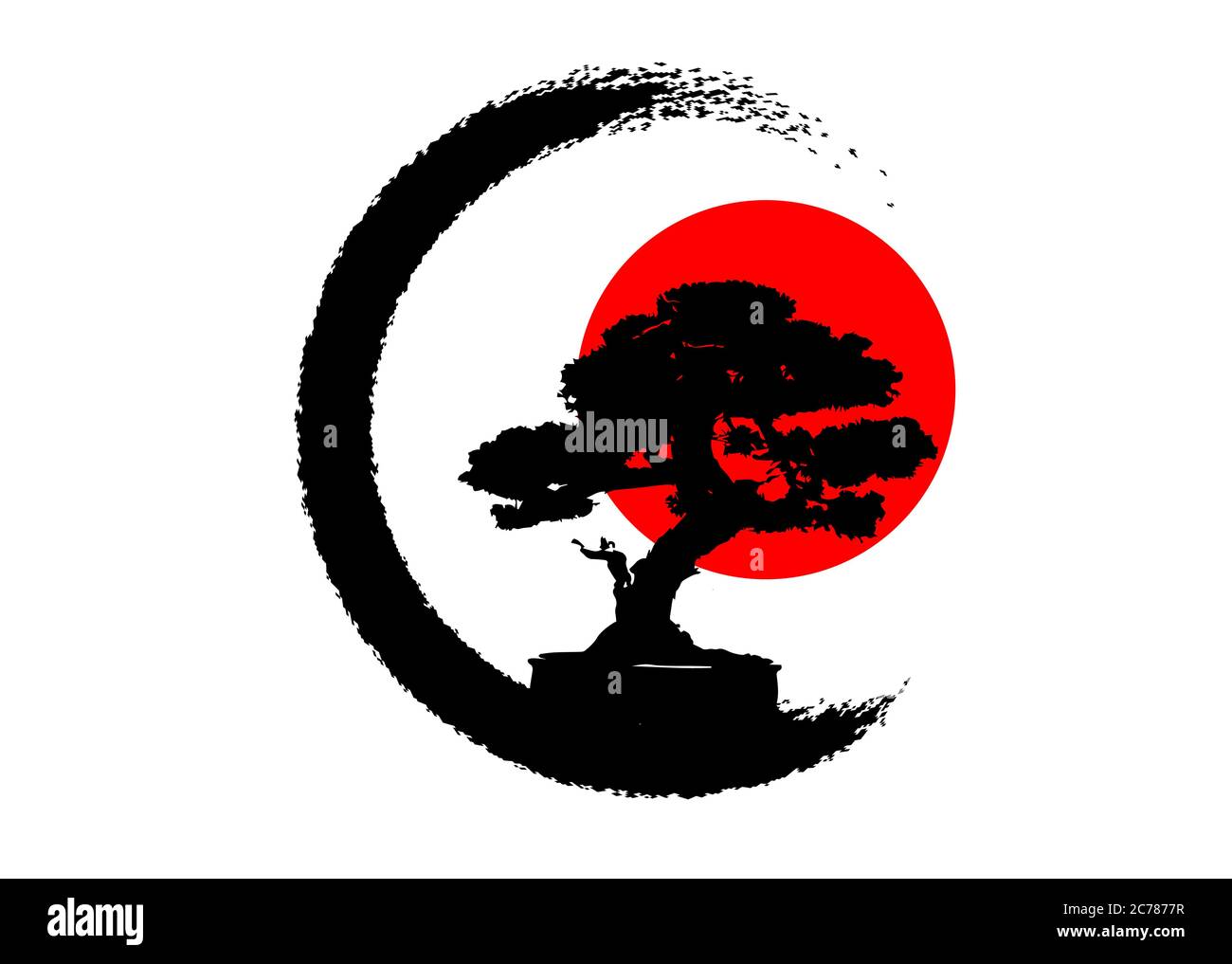 Japanischer Bonsai-Baum-Logo, schwarze Pflanzen-Silhouette-Ikonen auf weißem Hintergrund, grüne Ökologie-Silhouette von Bonsai und roten Sonnenuntergang. Detailliertes Bildzeichen Stock Vektor