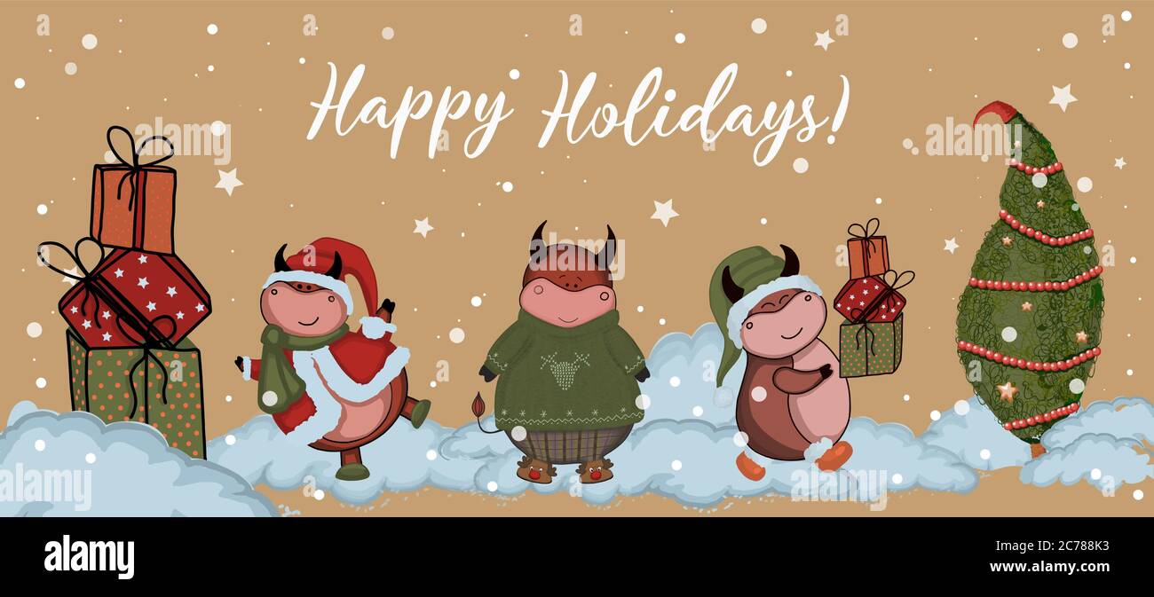 Weihnachtskarten. Jahr des Stiers 2021. Bastelpapier. Frohe Feiertage Stock Vektor