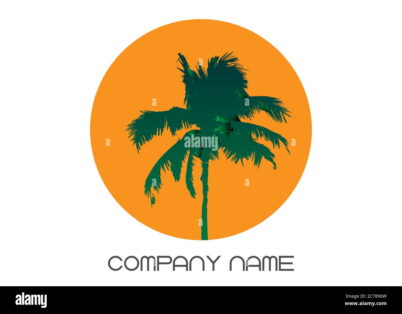 Palme Sommer Logo Vorlage. Tropische Palme, grüne Silhouette Sonnenuntergang und Umrisse Konturen, Firmenname, Vektor isoliert transparent oder weiß Stock Vektor
