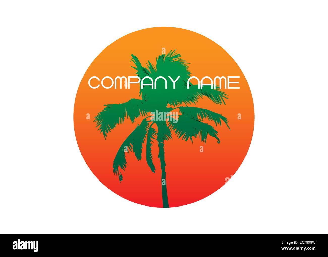 Palme Sommer Logo Vorlage. Tropische Palme, grüne Silhouette Sonnenuntergang und Umrisse Konturen, Firmenname, Vektor isoliert transparent oder weiß Stock Vektor