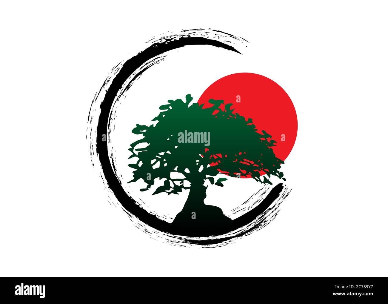 Japanischer Bonsai-Baum-Logo, schwarze Pflanzen-Silhouette-Ikonen auf weißem Hintergrund, grüne Ökologie-Silhouette von Bonsai und roten Sonnenuntergang. Detailbild Stock Vektor