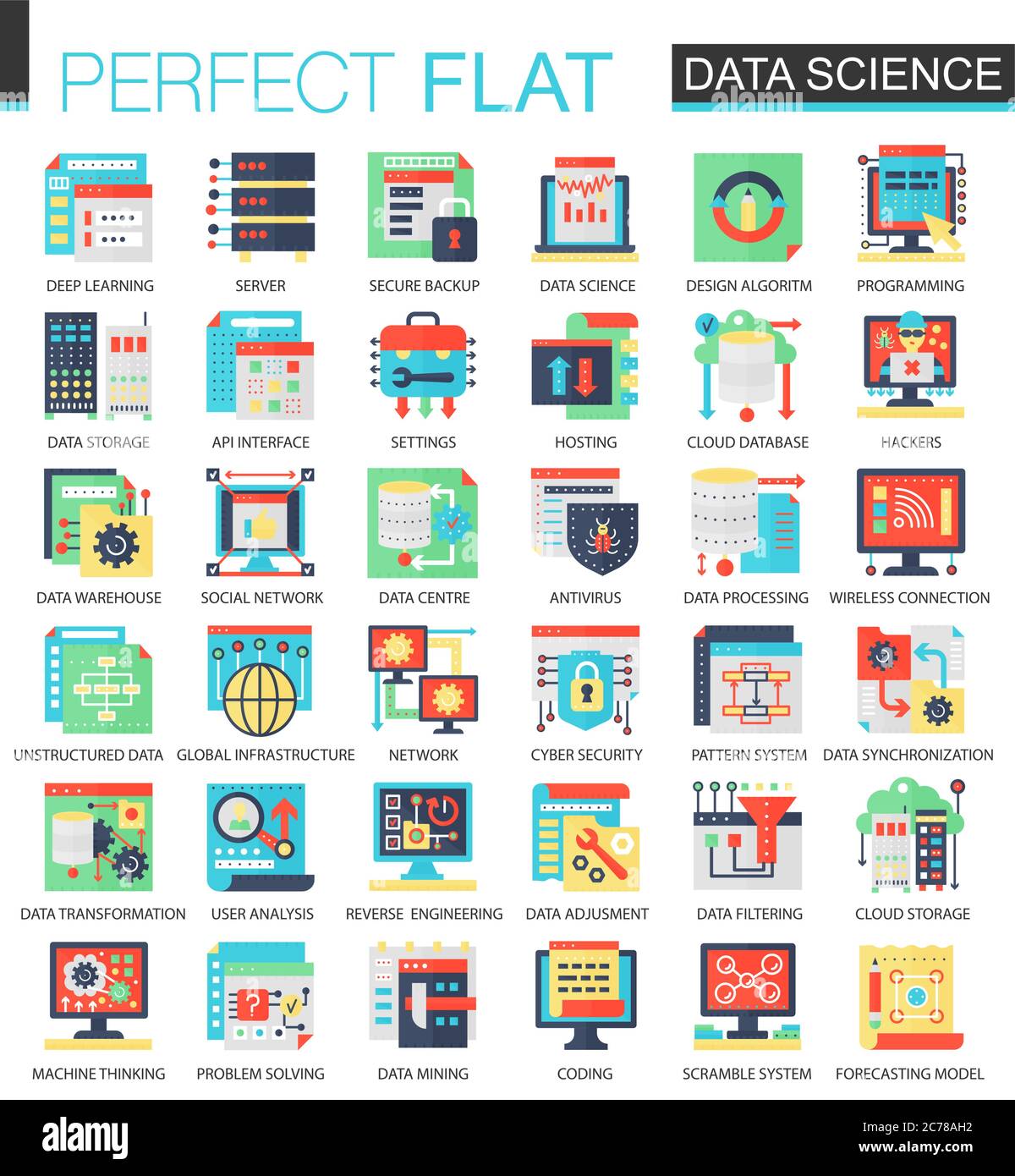 Vector Data Science komplexe flache Icon Konzept. Web Infografik Symbole Design-Set Stock Vektor
