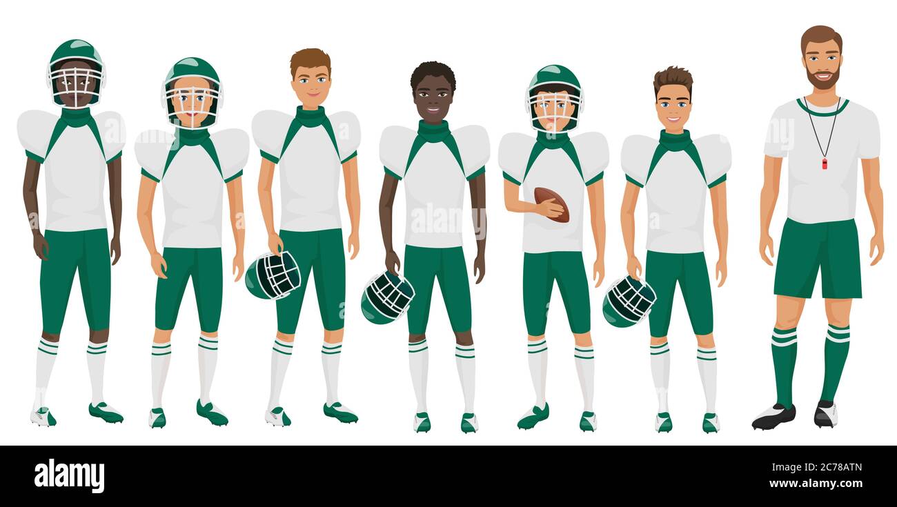 Vektor Cartoon flache Schule Basketball-Team Jungs stehen mit ihrem Trainer Stock Vektor