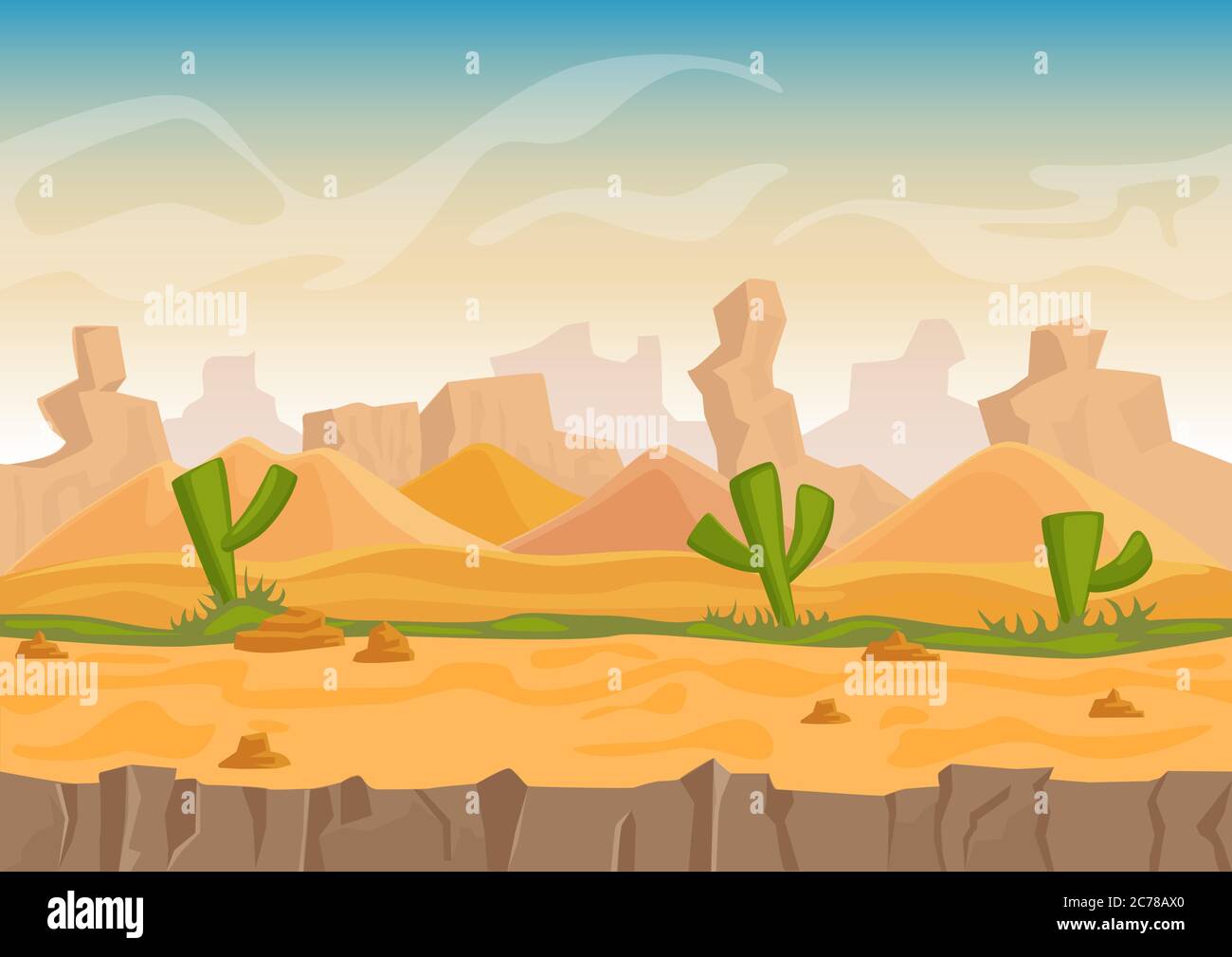 Cartoon Sand und Steinfelsen Wüstenlandschaft mit Kakteen und Steinbergen. Vektor Spiel Stil Illustration Stock Vektor