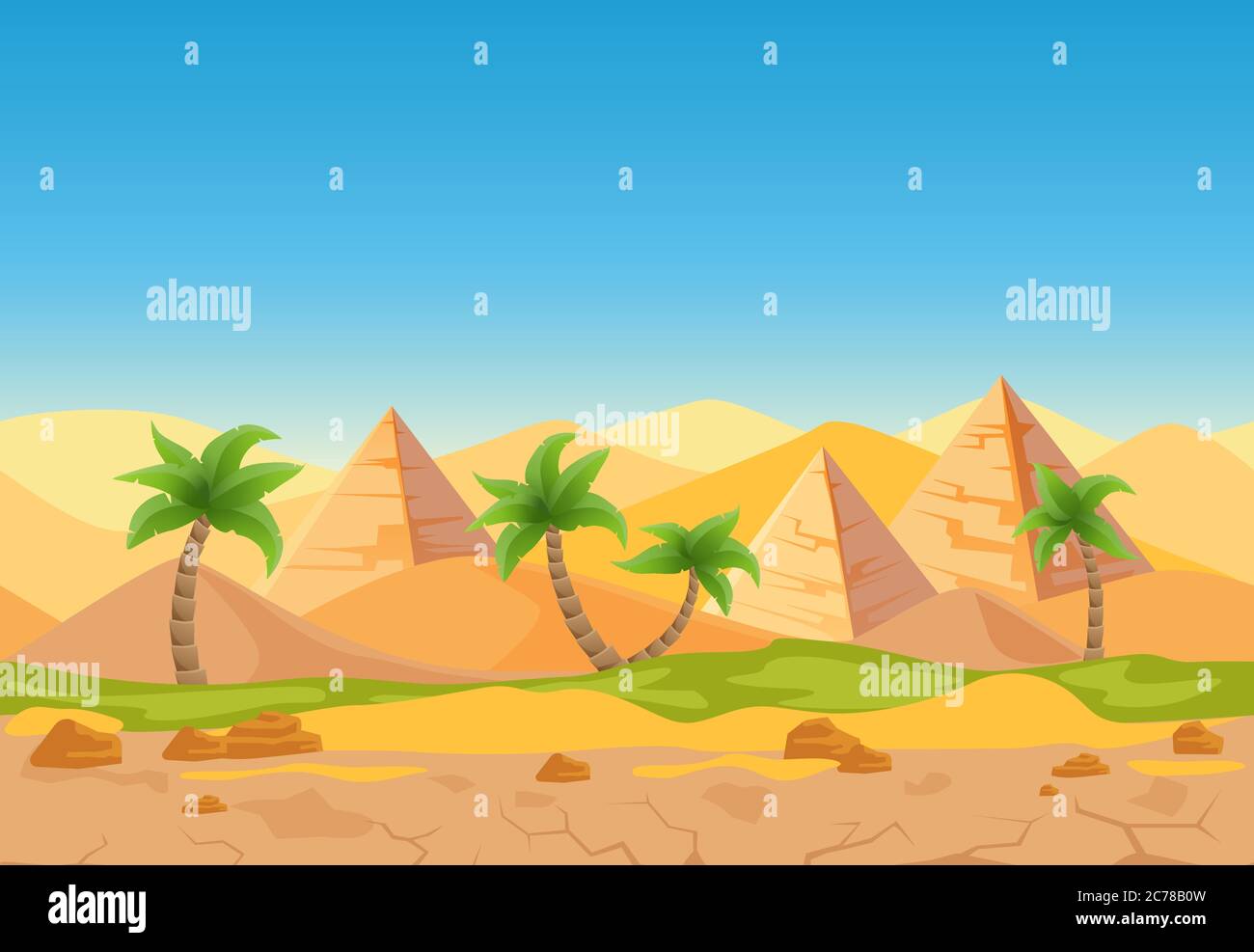 Cartoon Natur Sand Wüste Spiel Stil Landschaft mit Palmen, Kräutern und ägyptischen Pyramiden Stock Vektor