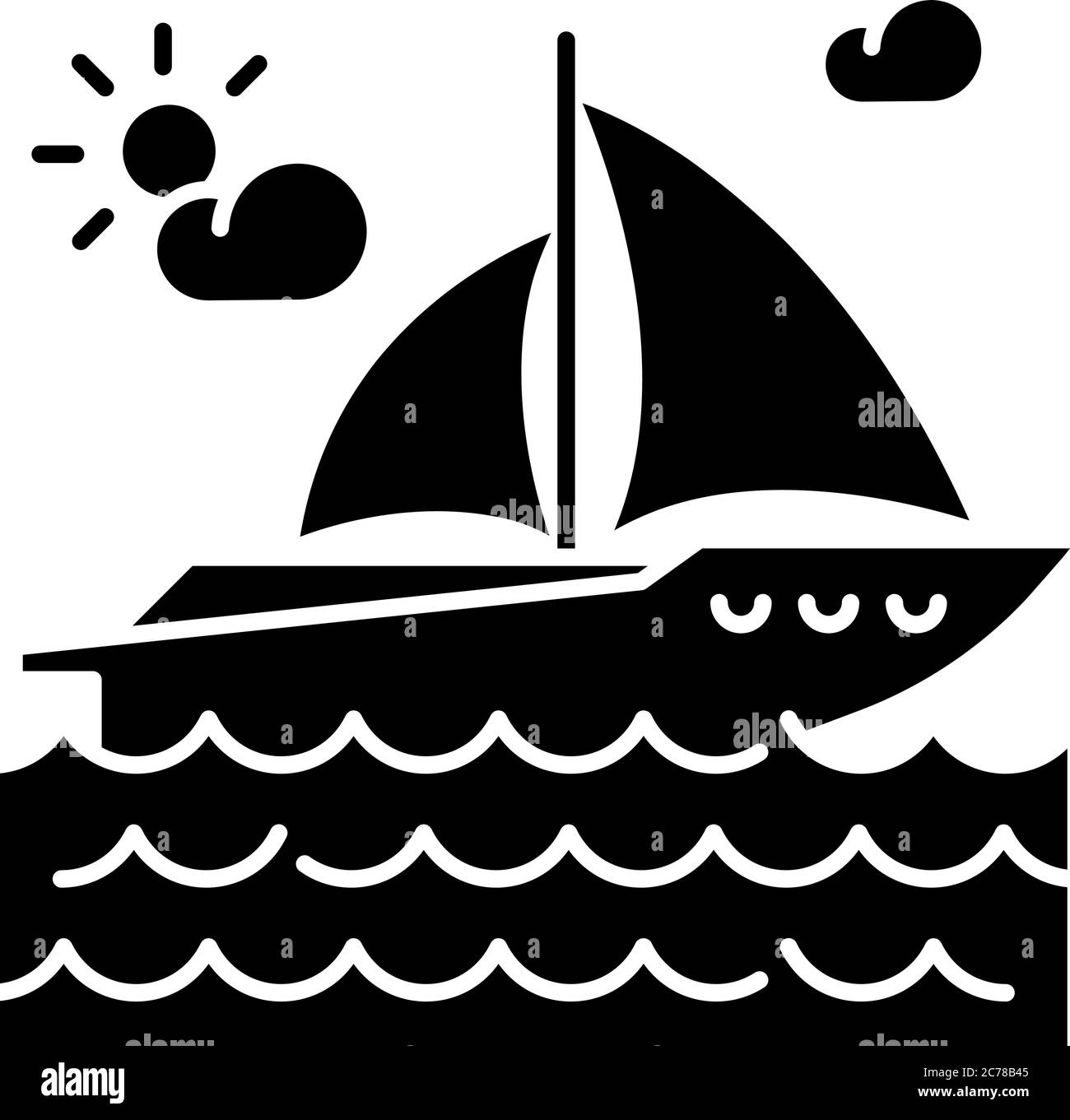Yachting schwarze Glyphe Symbol. Luxuriöse Erholung, nautischen Tourismus, Segelsport Silhouette Symbol auf weißem Raum. Seereise, romantischer Ausflug auf Pleas Stock Vektor
