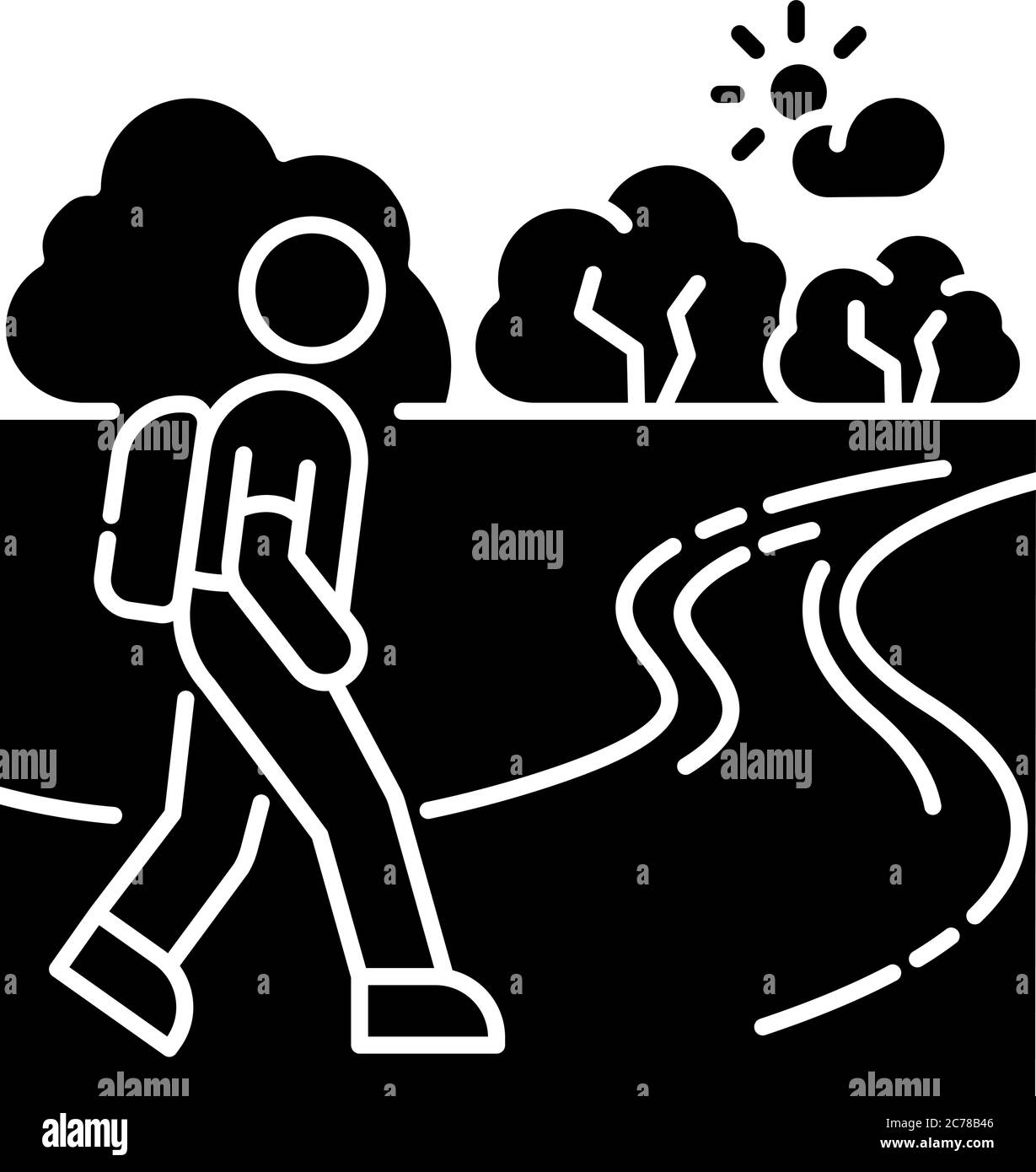 Wanderweg schwarz Glyphe Symbol. Aktive Outdoor-Erholung, Trekking-Tour Silhouette Symbol auf weißem Raum. Gesunde Lebensweise Aktivität, frische Luft Spaziergänge. Stock Vektor