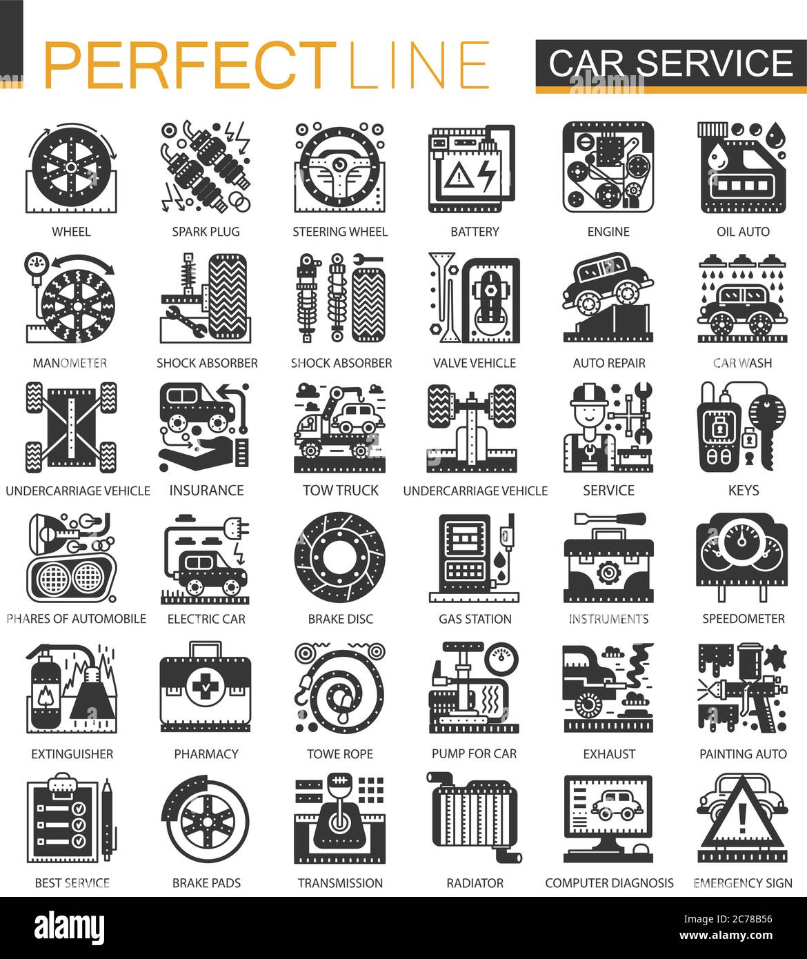 Vector Car Service schwarz Mini-Konzept-Symbole und Infografik-Symbole Stock Vektor
