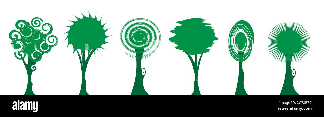 Set von grünen Baum Symbole, Bäume Bildung Logo Design, original grüne Natur lockig Stil, Öko-und Bio-Abzeichen, abstrakte organische Design-Element isoliert Stock Vektor