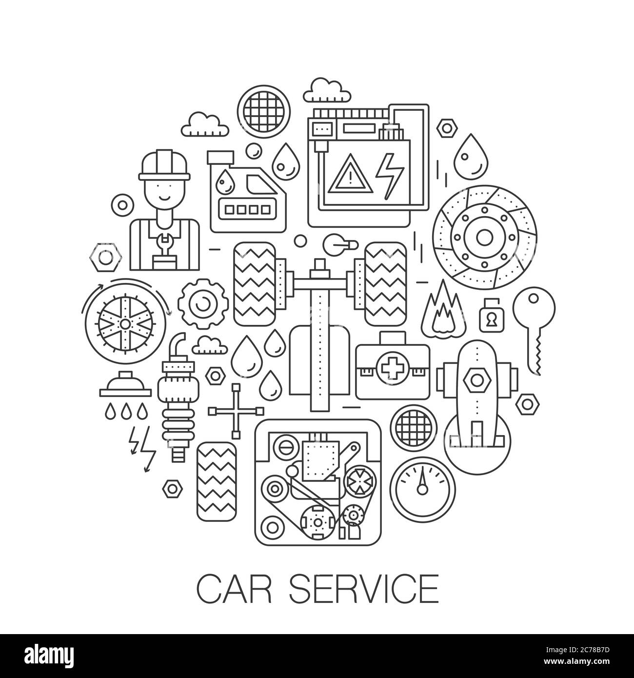 Car Service im Kreis - Konzept Linie Illustration für Deckel, Emblem, Abzeichen. Auto Reparatur Service dünne Linie Schlaganfall Symbole gesetzt Stock Vektor
