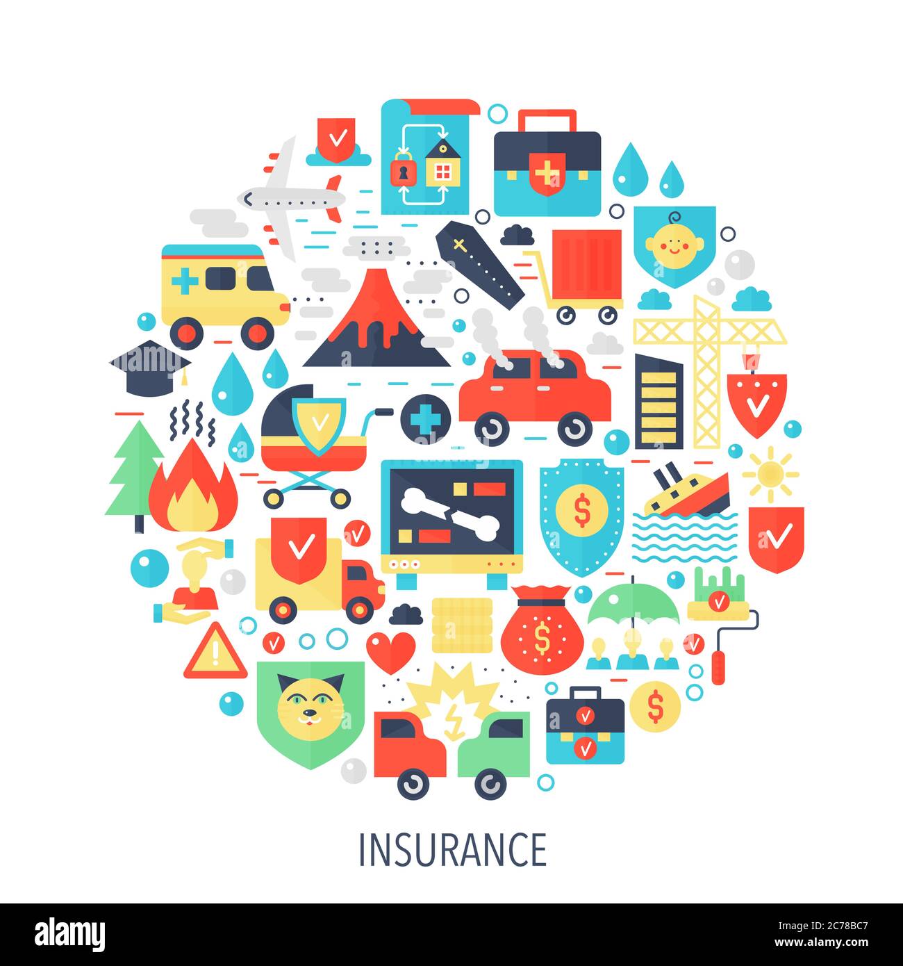 Versicherung flach Infografiken Symbole im Kreis - Farbe Konzept Illustration für Gesundheit, Leben, Kfz-Versicherung, Emblem, Vorlage Stock Vektor