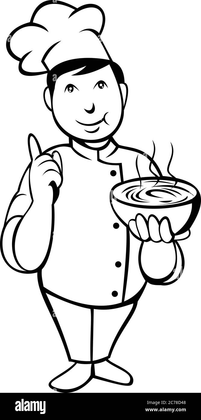Cartoon-Charakter-Stil Illustration eines asiatischen Koch oder Koch halten und servieren eine Schüssel mit heißen Suppe mit Nummer eins Hand Zeichen auf Isolate angesehen Stock Vektor