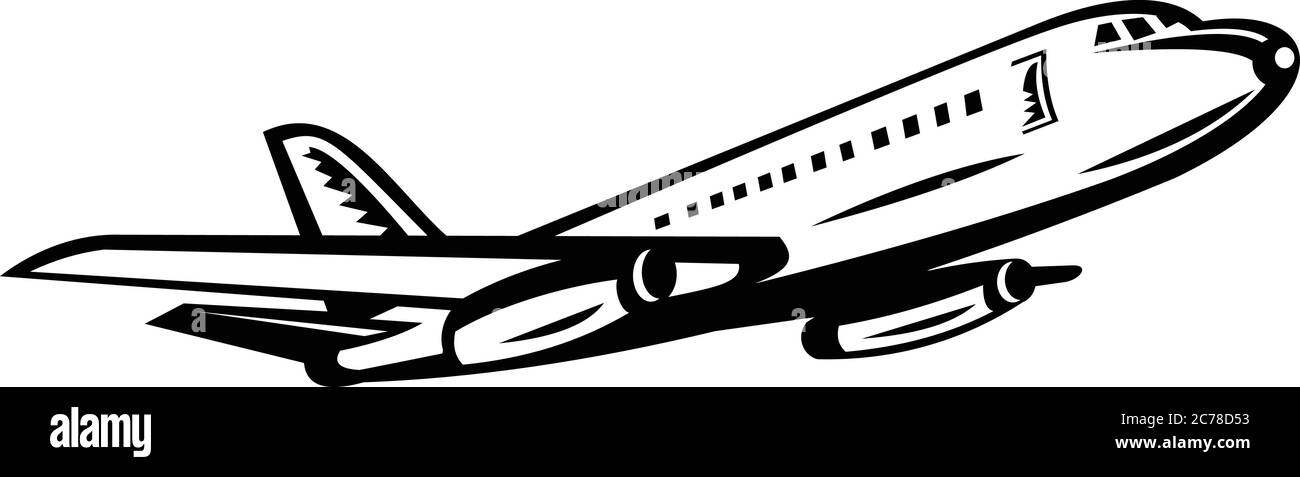 Retro schwarz-weiß Stil Illustration eines Jumbo Passagier Jet Flugzeug oder Airliner starten von der Seite auf isolierten Hintergrund gesehen. Stock Vektor