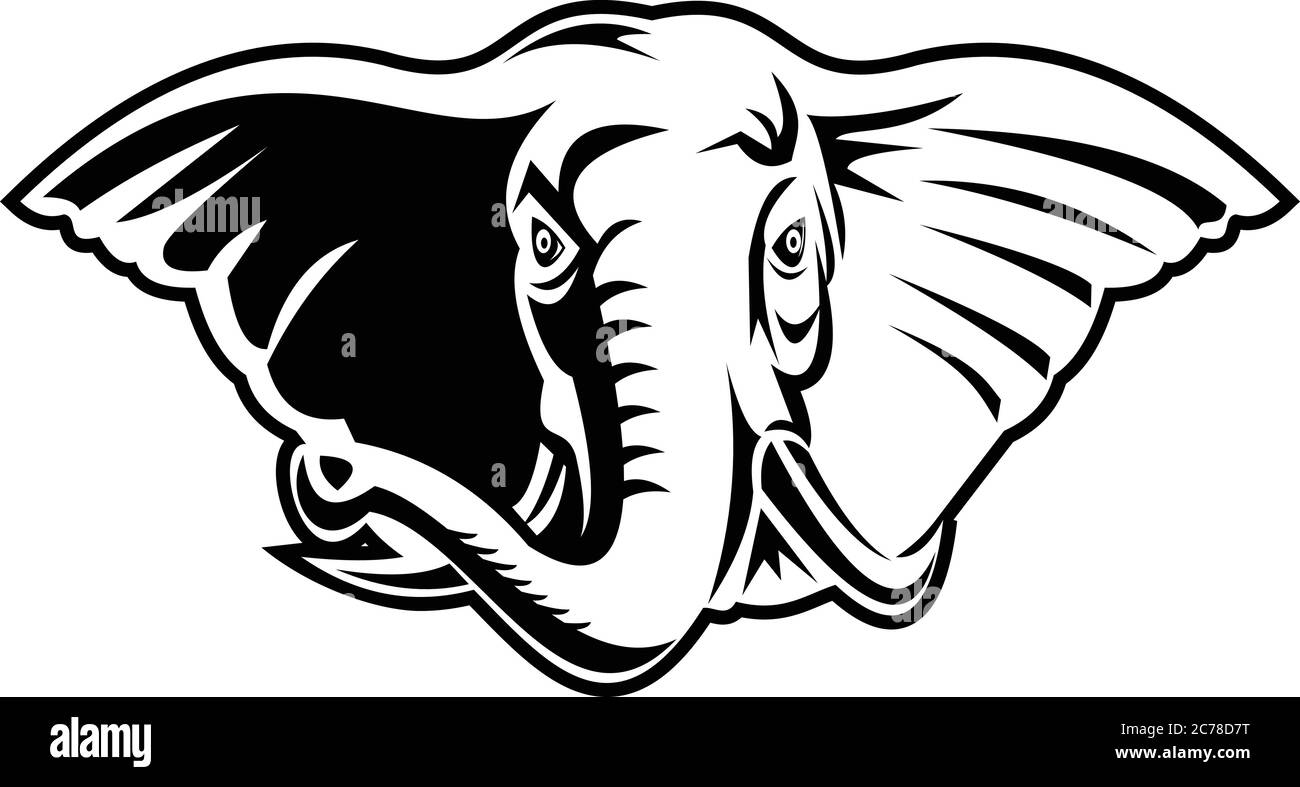 Schwarz-weiße Retro Maskottchen Stil Illustration eines Elefanten mit langen Stoßzähnen von vorne auf isolierten weißen Hintergrund betrachtet. Stock Vektor