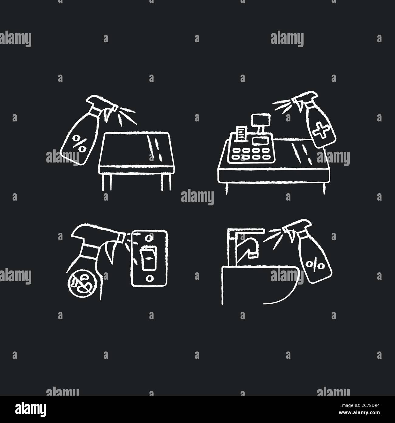 Startseite Sterilisation Kreide weiße Symbole auf schwarzem Hintergrund gesetzt. Ladentisch, Wasserhahn, Lichtschalter und Tischdesinfektion. Haushalt, Hygiene ru Stock Vektor