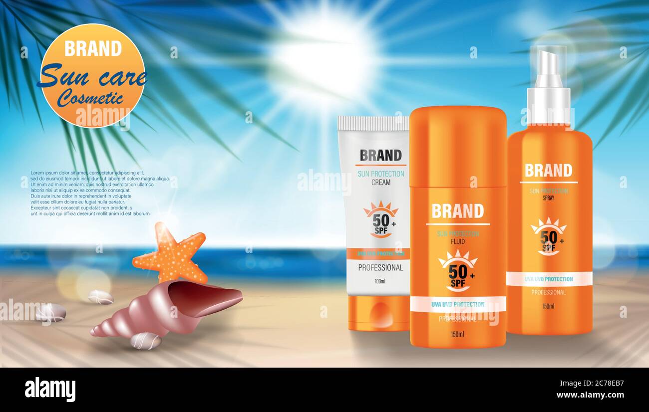 Sonnenschutz, Sonnenschutz und Sonnenschutz-ADS-Design. Kosmetische Gesicht und Body Lotion Banner mit Muscheln und Palmen am Strand Küste. vektor Stock Vektor