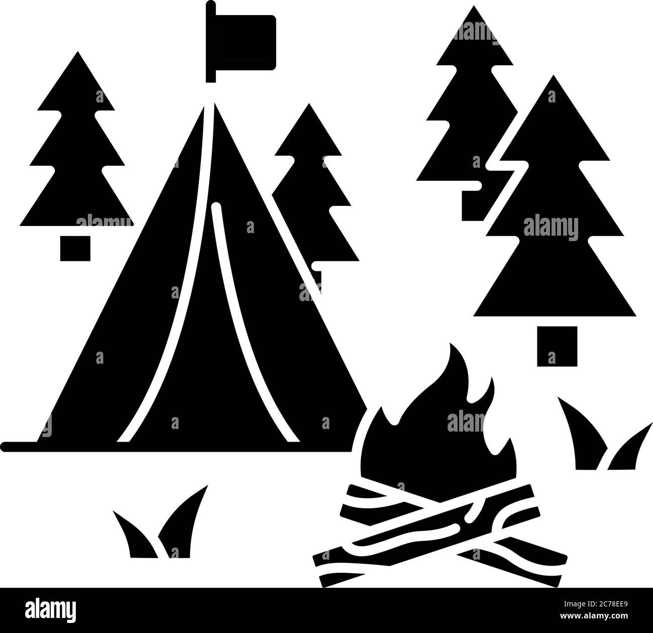 Camping schwarzes Glyphen-Symbol. Naturtourismus, Erholung im Freien Silhouette Symbol auf weißem Raum. Preiswerter Urlaub, Übernachtung im Wald. Campfir Stock Vektor