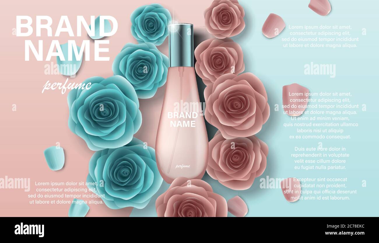 Kosmetik Produkt Parfüm Werbung für Ihr Design. Branding-Paket Vorlage für Katalog, Poster. Parfüm-Anzeige mit rosa und grünen Rosenblüten 3d Stock Vektor