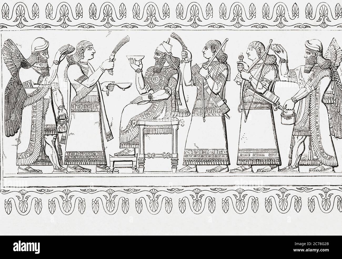 Ein assyrischer König saß auf seinem Thron, der von Eunuchen und geflügelten Figuren besucht wurde. Stockfoto