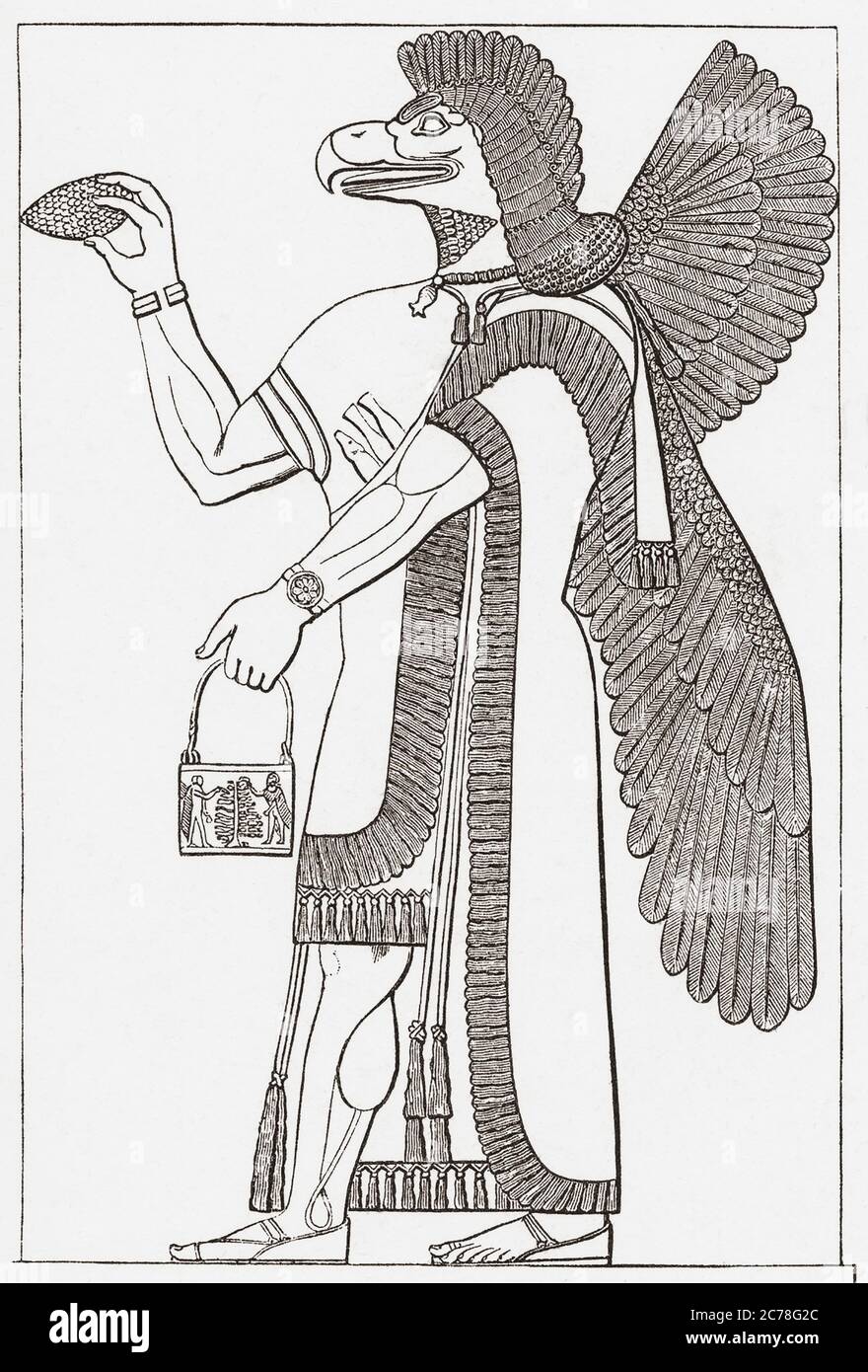 Adlkopfige Gottheit. Illustration eines unbekannten Künstlers aus dem 19. Jahrhundert nach einem Basrelief aus dem nordwestlichen Palast von Ashurnasirpal, Nimrud, Irak aus der neo-assyrischen Zeit. Das Original befindet sich jetzt im Los Angeles County Museum. Stockfoto