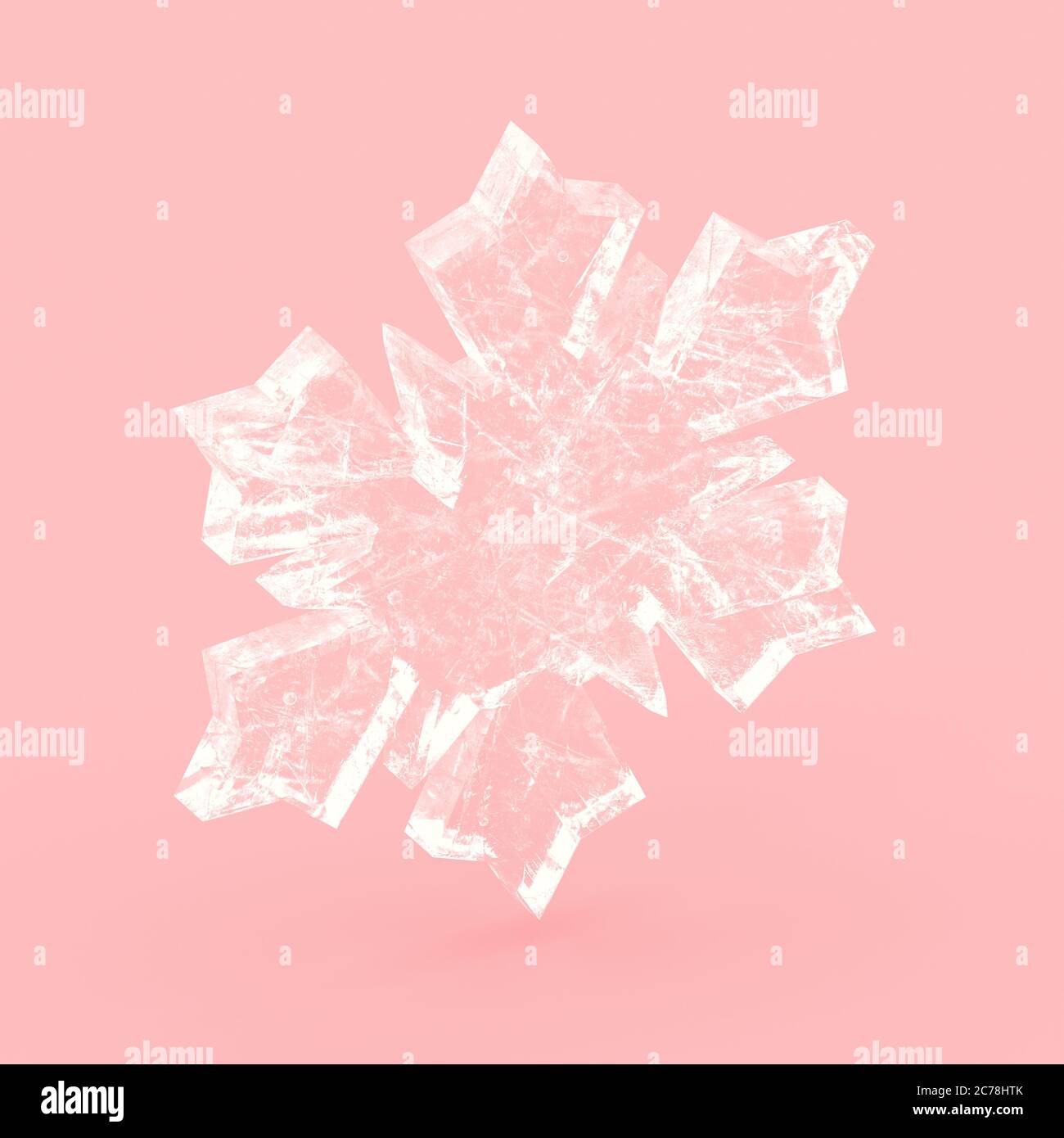 Große Kristall Schneeflocke auf rosa Hintergrund. 3d-Rendering einer Schneeflocke. Frohe Weihnachten Grußkarte. Konzept für ein frohes neues Jahr. Stockfoto