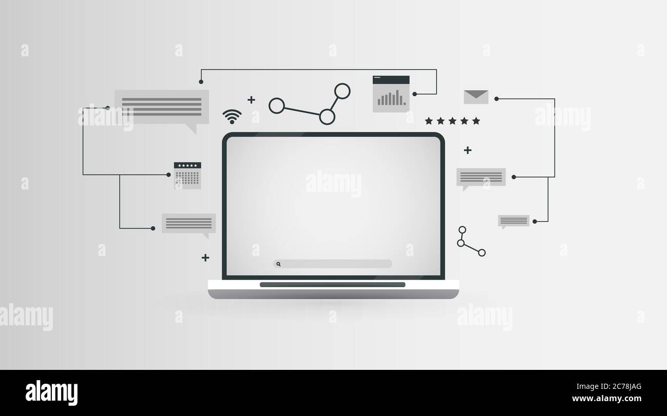 Abstraktes Netzwerkschema mit Symbolen für Laptop- und E-Mail-Nachrichten, Panorama Stock Vektor