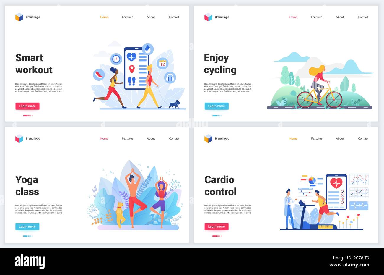 Sport Fitness Anwendungen Vektor Illustrationen. Cartoon flaches Design Template-Set, mobile Website-Schnittstelle für Sportler Gesundheitskontrolle Tracking, Radfahren, Cardio-Training oder Yoga-Workout Smart-Gerät Stock Vektor