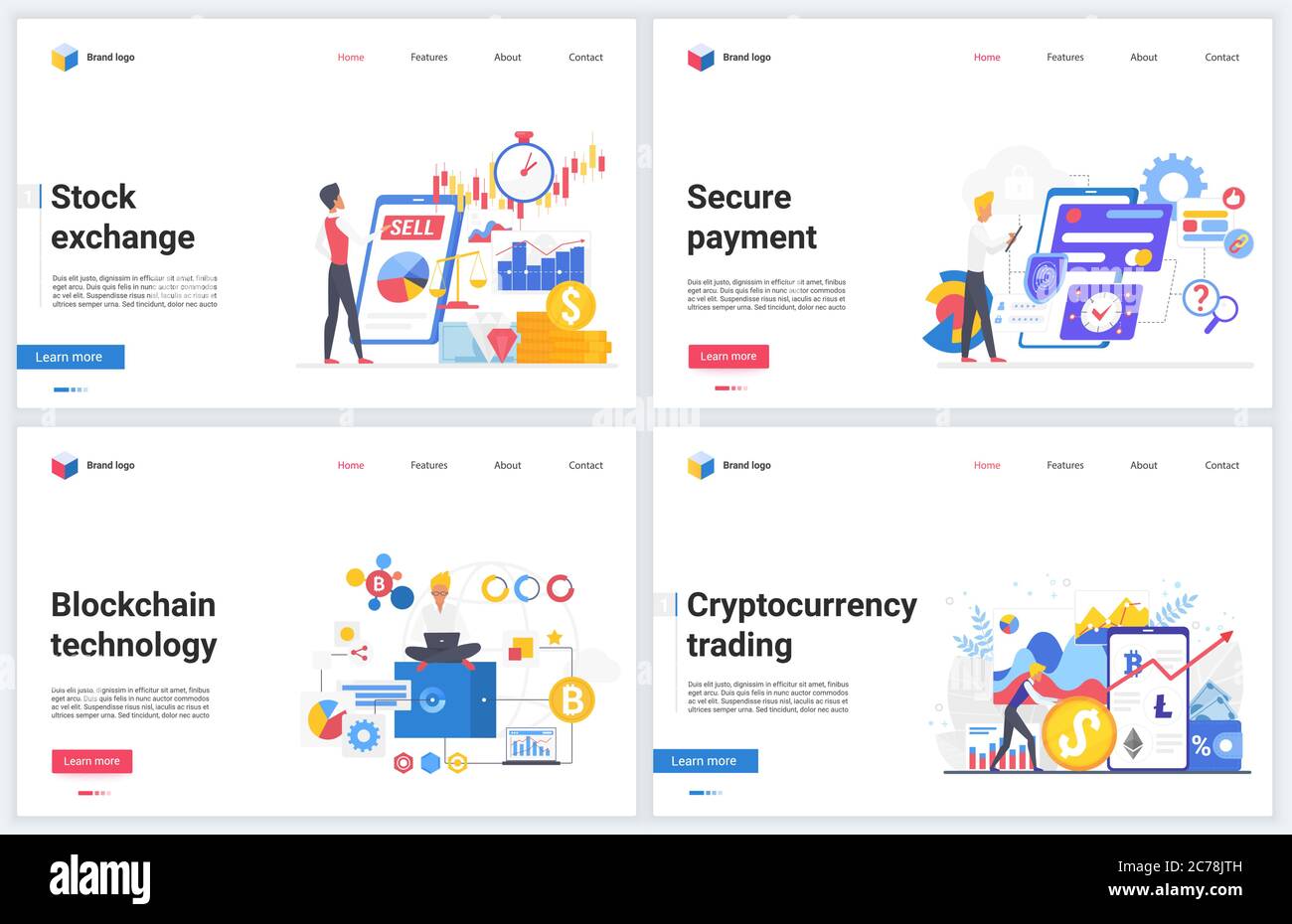 Blockchain Kryptowährung Börse Vektor Illustrationen. Cartoon Wohnung moderne kreative Design-Vorlage Set, Konzept Banner mit digitalen Geld Tech-Markt, cryptocoin Geldbörse Zahlungstechnologie Stock Vektor