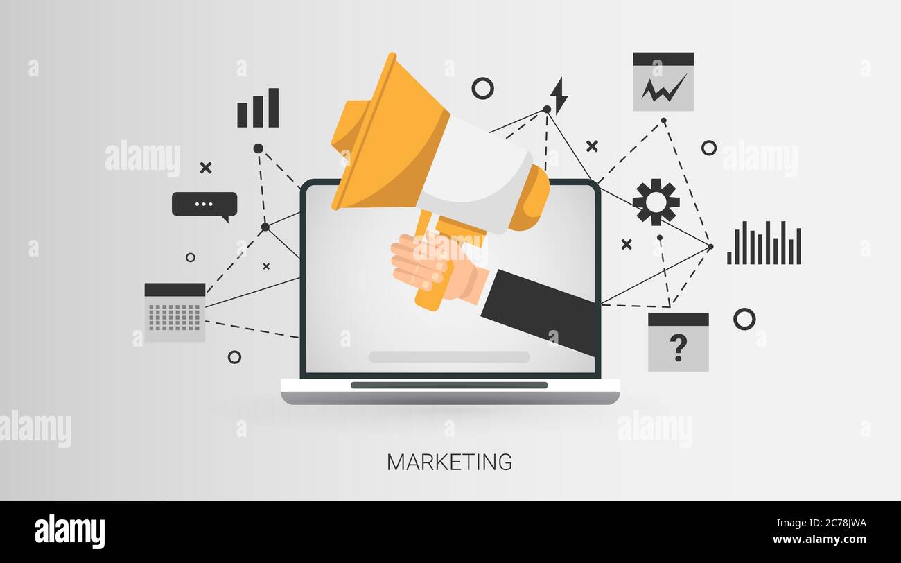 Laptop mit Blogger Hand hält Megaphon über grauem Hintergrund, Illustration Stock Vektor