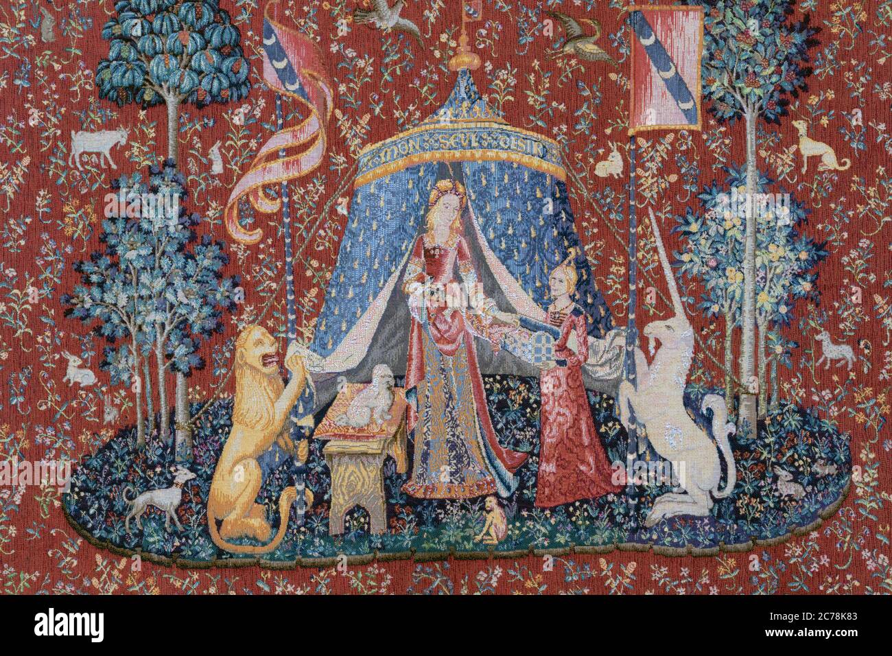 Detail des Wandteppichs Von à Mon Seul Désir, des sechsten in der La Dame à la licorne, oder der Serie der Wandteppiche von Lady and the Unicorn. Stockfoto