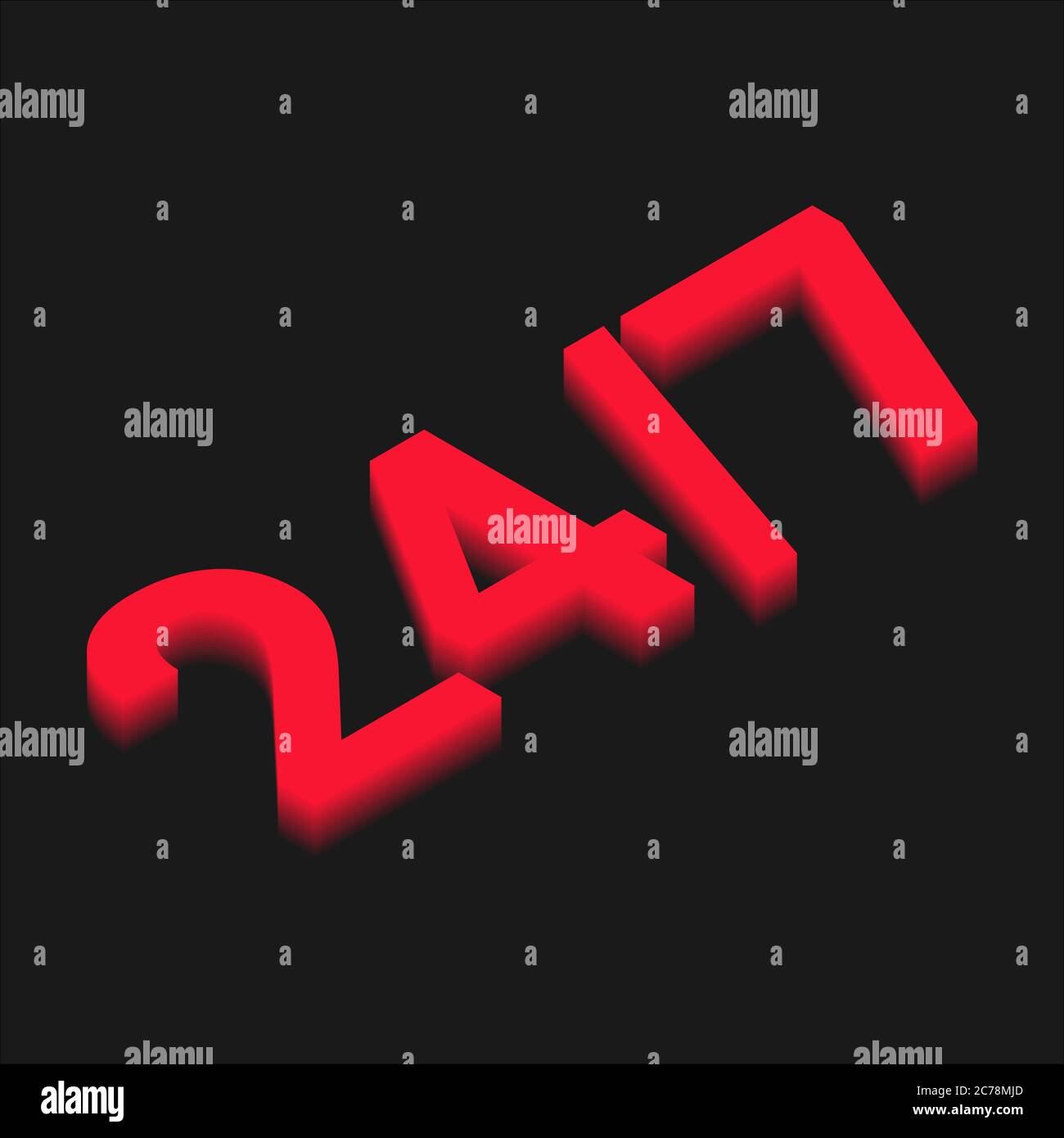 24-Stunden-7-Tage-Symbol mit roten 3D-Zahlen auf schwarzem Hintergrund, Illustration Stock Vektor