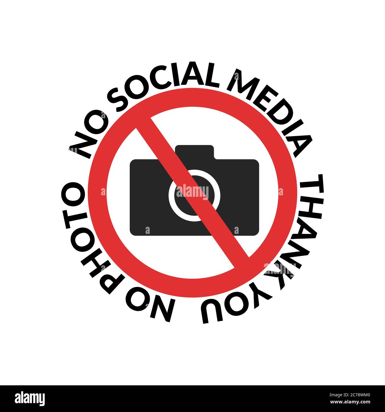 Keine sozialen Medien, danke Zitat Design für T-Shirt. Fotokamera verboten. Symbol für gesperrte Kamera. Fotos dürfen nicht aufgenommen werden Stock Vektor
