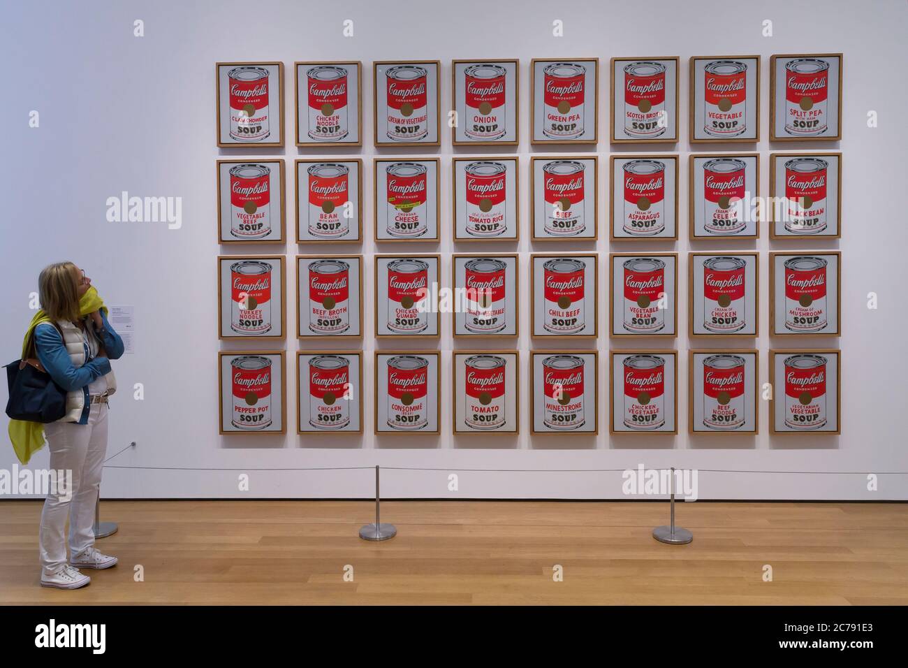 Besucher bewundert Campbell's Soup Cans, Andy Warhol, 1962, MOMA, New York City, USA, Nordamerika Stockfoto