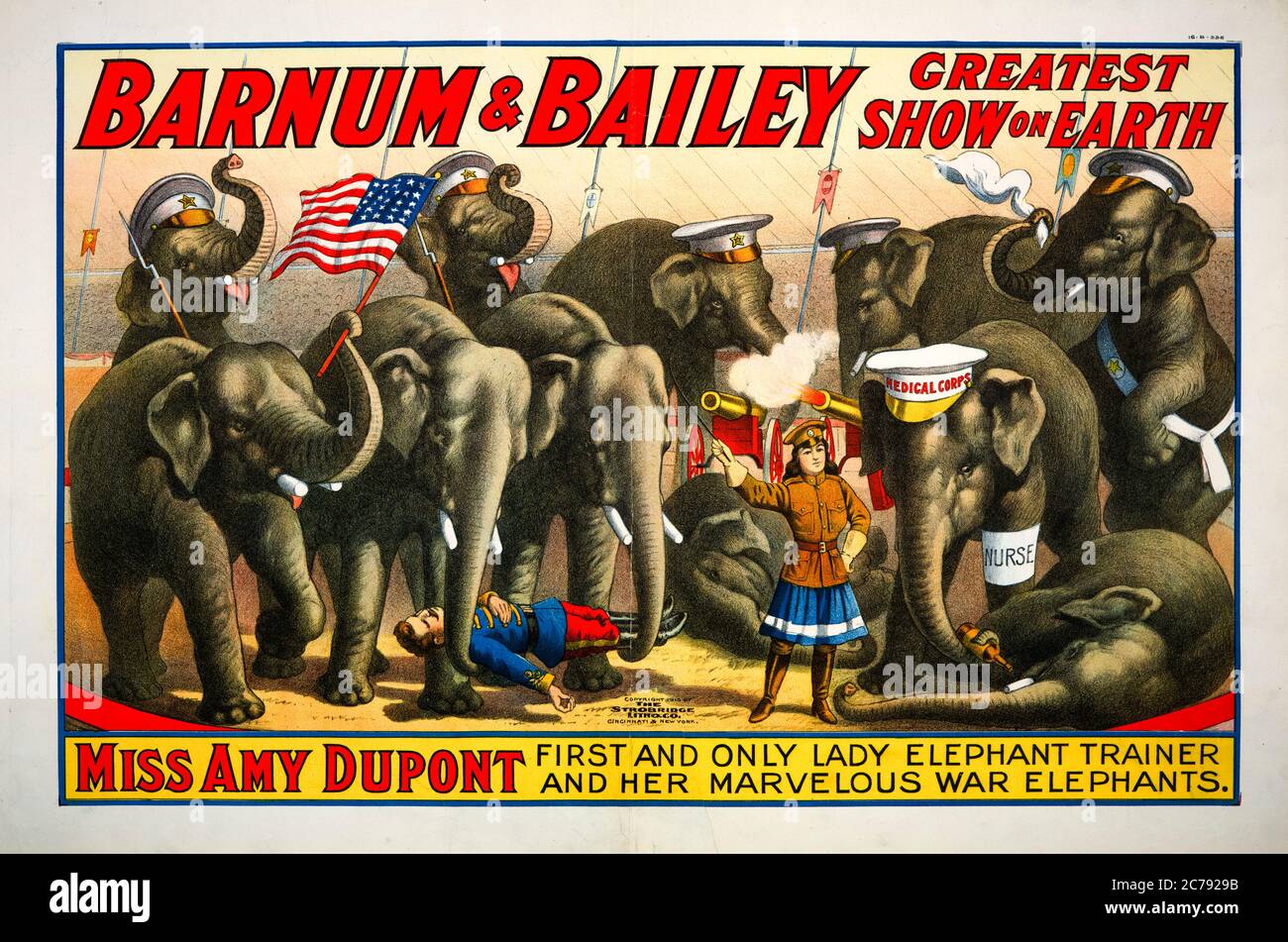 Barnum und Bailey, Greatest Show on Earth, Zirkusposter, Miss Amy Dupont, erste und einzige Elefantenlehrerin und ihre wunderbaren Kriegselefanten, Poster, 1915 Stockfoto
