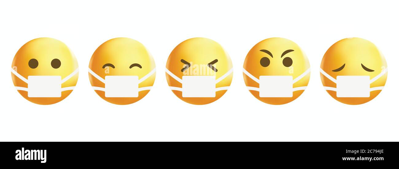 Beliebte hochwertige Emoticons isoliert auf einem weißen Hintergrund.Gelbes Gesicht mit medizinischen Masken.Emoji Set mit verschiedenen Ausdrücken.Emoticon Vektor.Maske. Stock Vektor