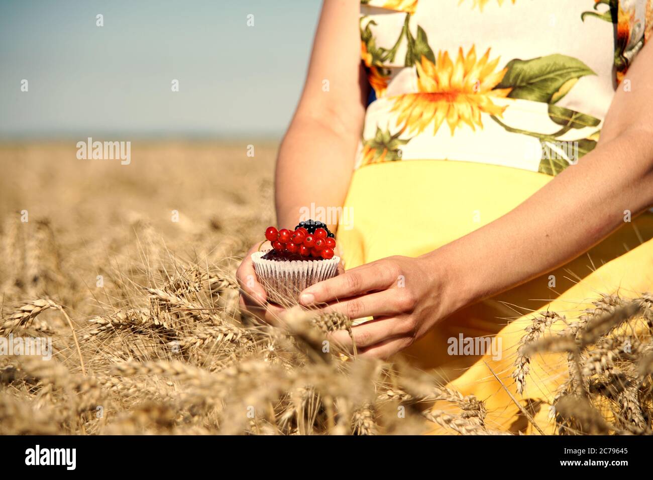 Mädchen hält einen Schokoladenmuffin mit Früchten verziert. Food-Fotografie. Stockfoto