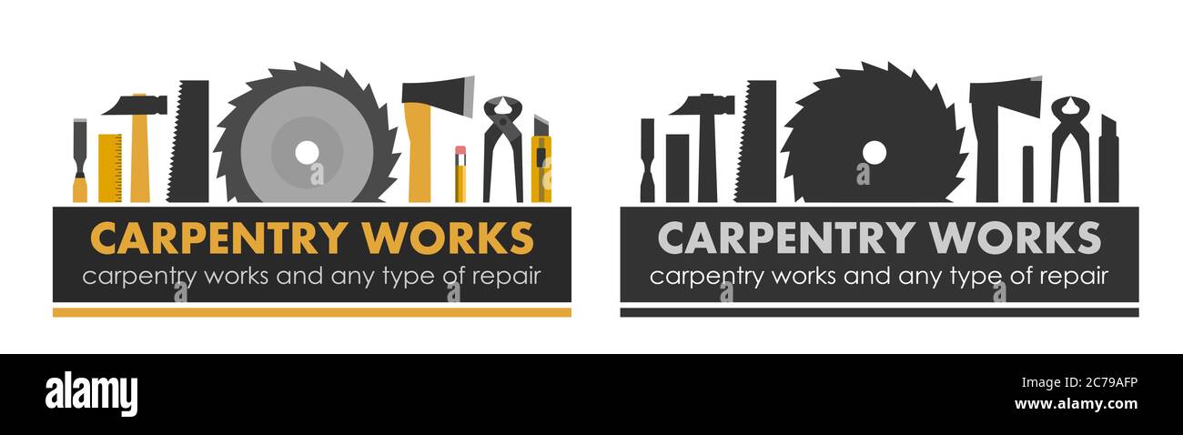 Zimmerei arbeitet und jede Art von Reparatur. Logo von Handwerker Dienstleistungen. Zimmermann. Handwerkzeuge der Universalwerkstatt. Reparatur zu Hause. Holzbearbeitungskarpe Stock Vektor