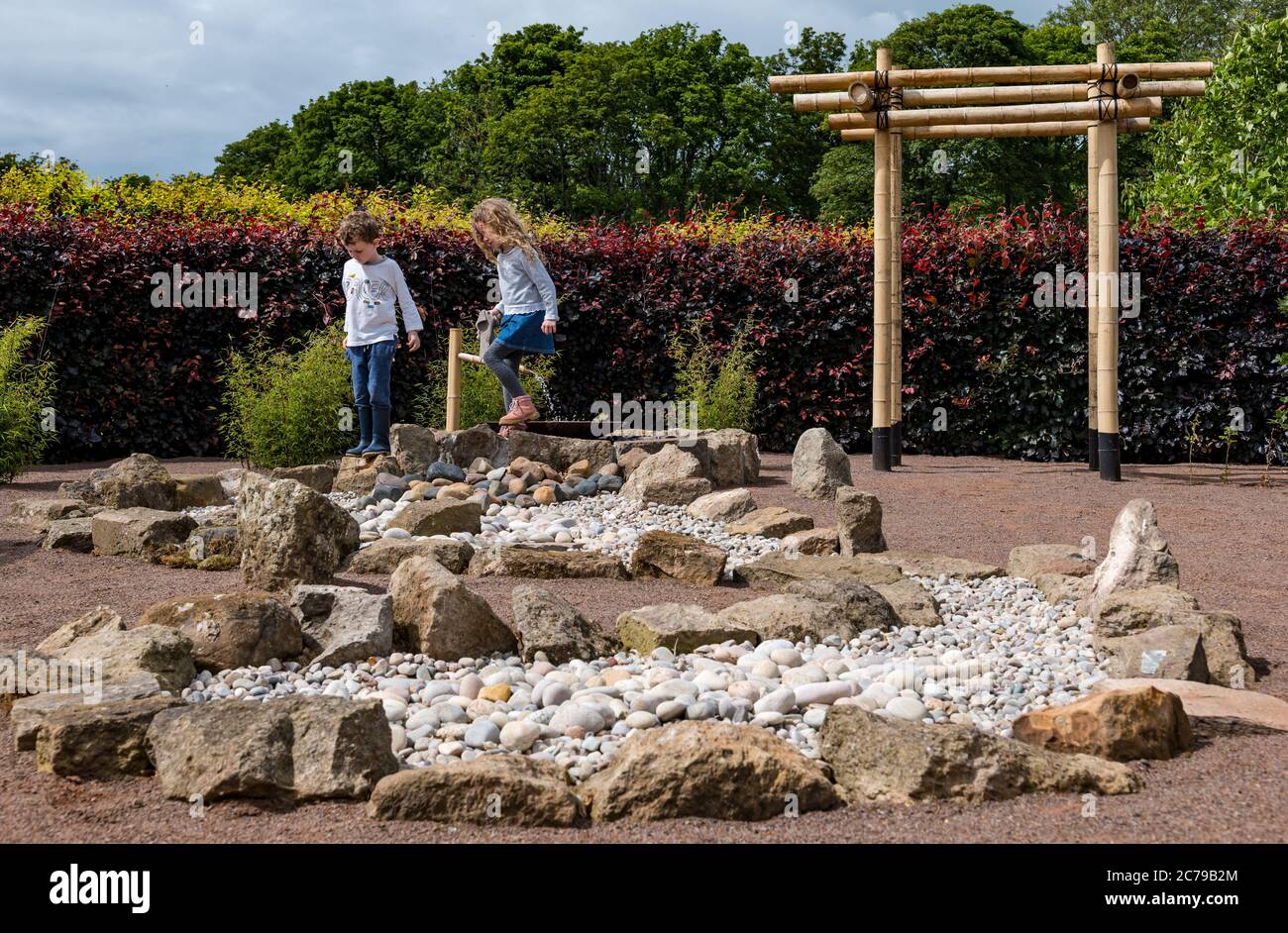 Haddington, East Lothian, Schottland, Großbritannien, 15.. Juli 2020. Amisfield Walled Garden wird wiedereröffnet: Der Garten aus dem 18.. Jahrhundert ist einer der größten in Schottland. Es ist jetzt 3 Tage die Woche mit einem Online-Buchungssystem geöffnet, nachdem die Sperrbeschränkungen während der Covid-19-Pandemie gelockert wurden. Cameron, 4 Jahre alt, und Isla, 6 Jahre alt, genießen den neuen sensorischen Klanggarten mit einem Steingarten und einem Brunnen, der von einer Buchenhecke umgeben ist, in der Sommersonne Stockfoto